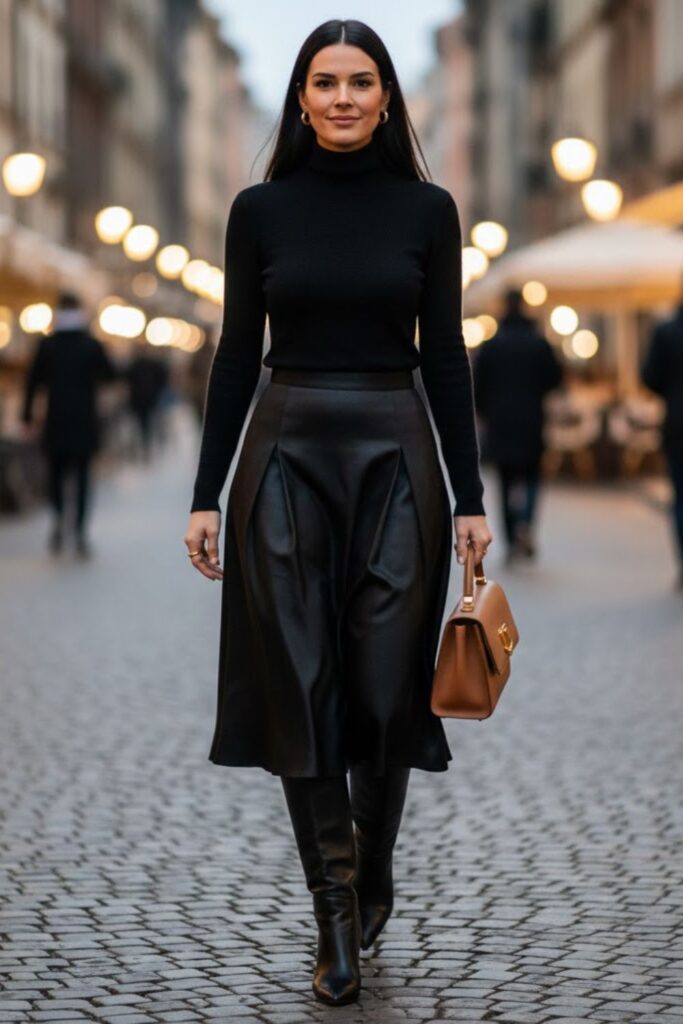 4. Black Turtleneck With Midi Skirt and Knee-High Boots