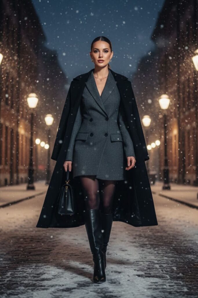 4. Blazer Dress With Boots And Structured Bag