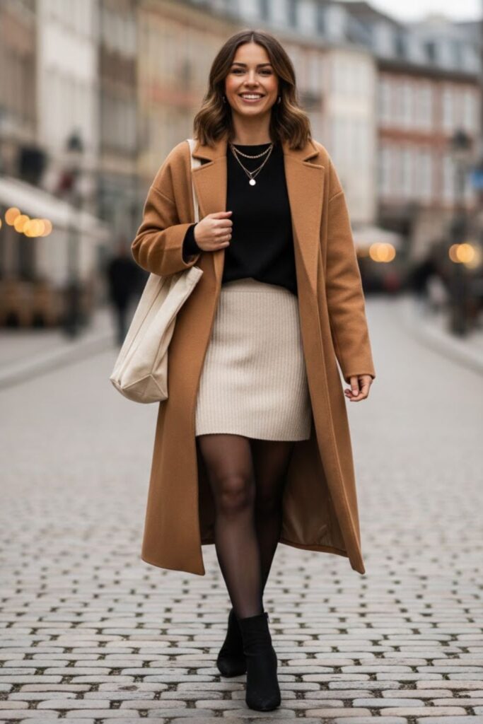 4. Pink Knit Mini Skirt With Oversized Coat