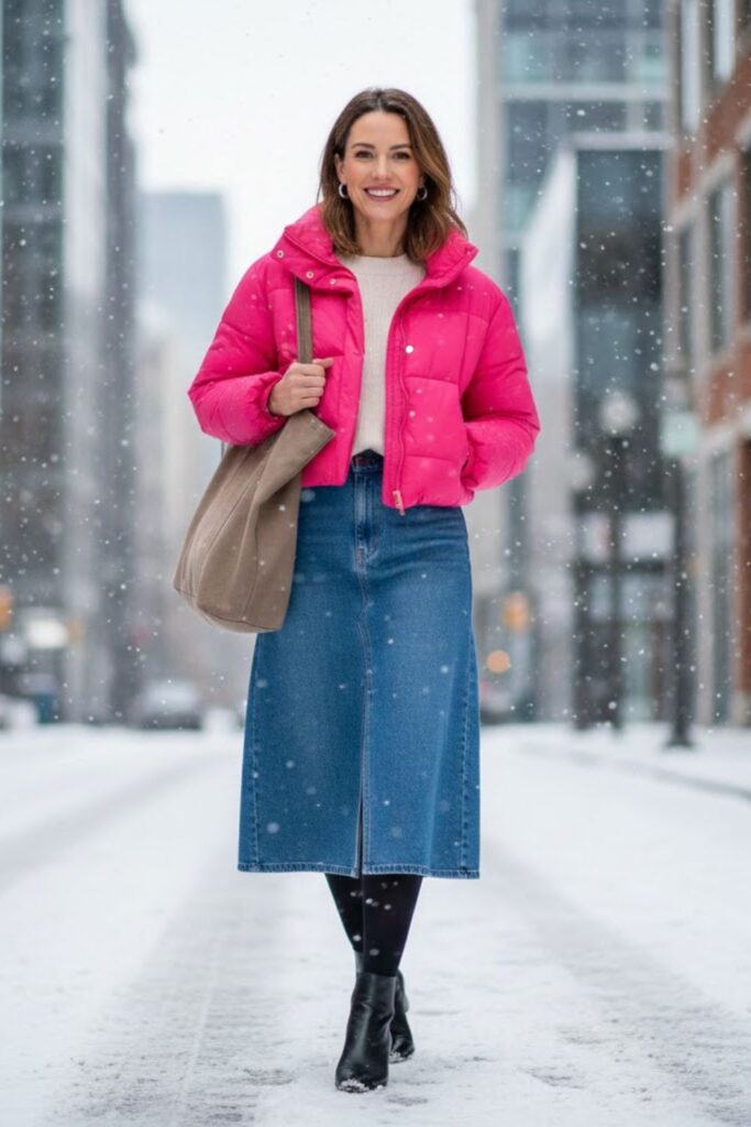 4. Pink Puffer Jacket With Denim Midi Skirt And Tights