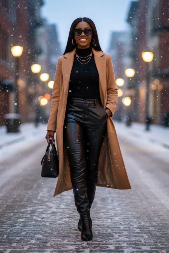 5) Leather Pants + Wool Coat + Heeled Boots