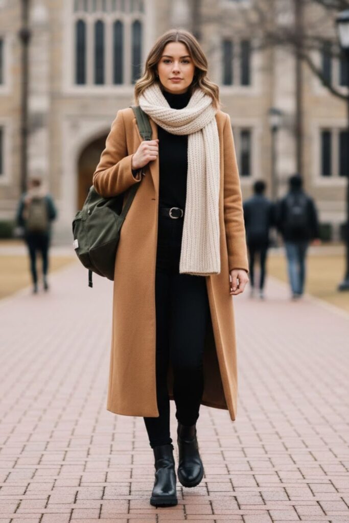 5. Black Leggings With Long Coat and Boots