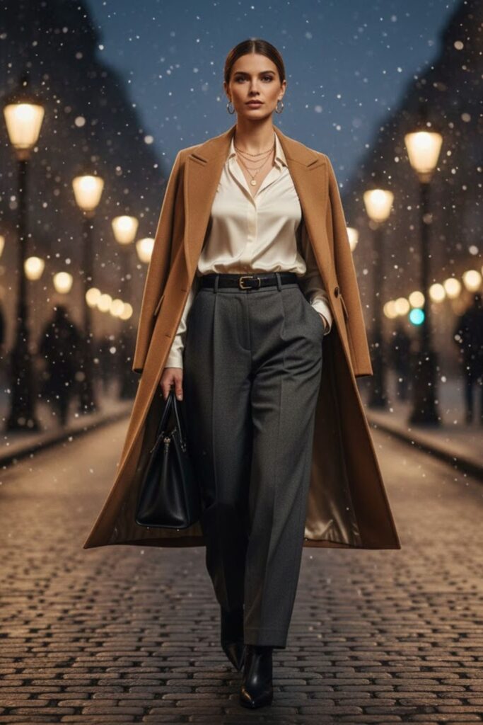 5. High-Waisted Trousers With Silk Blouse And Coat