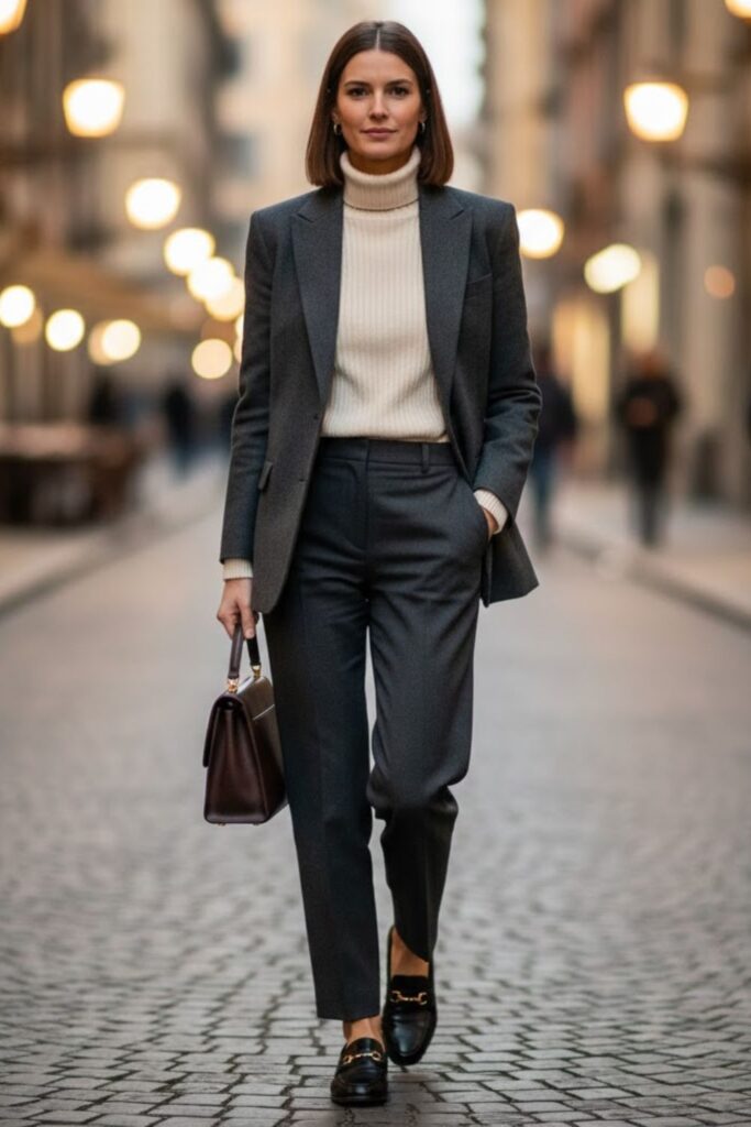 5. Wool Blazer With Straight-Leg Pants and Loafers
