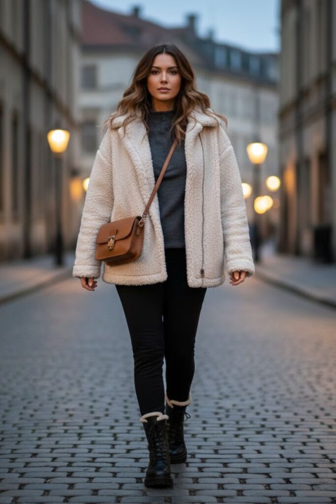 6. Leggings With a Sherpa Jacket