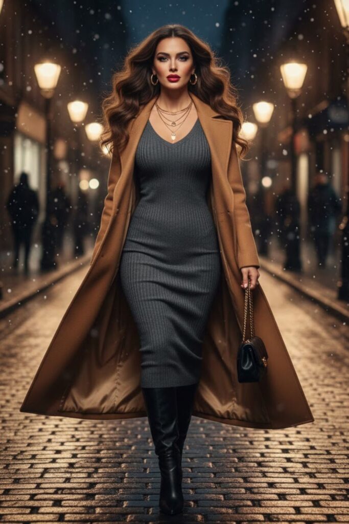 6. Long Coat With Knit Dress and Heeled Boots