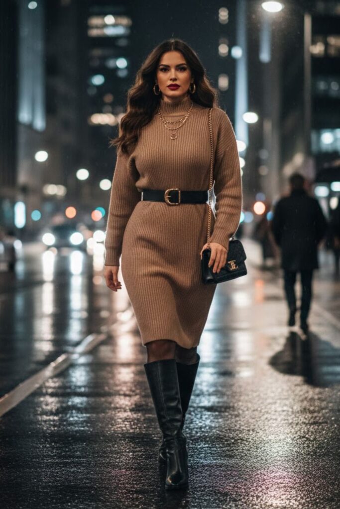 6. Midi Sweater Dress With Belt and Heeled Boots