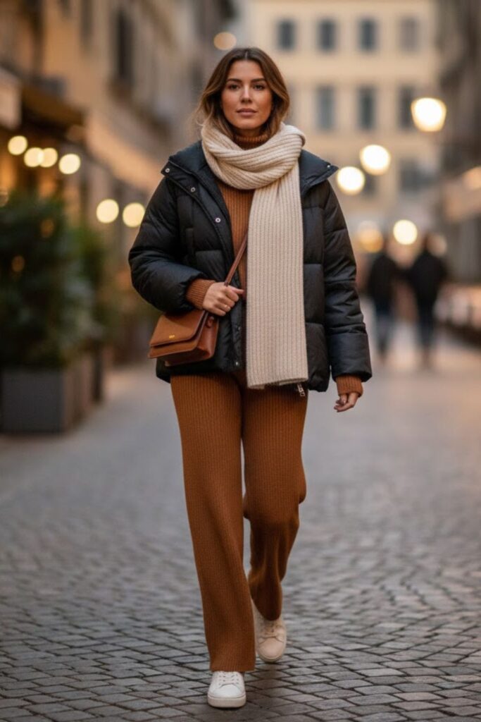 6. Puffer Jacket With Ribbed Knit Set and Minimal Sneakers