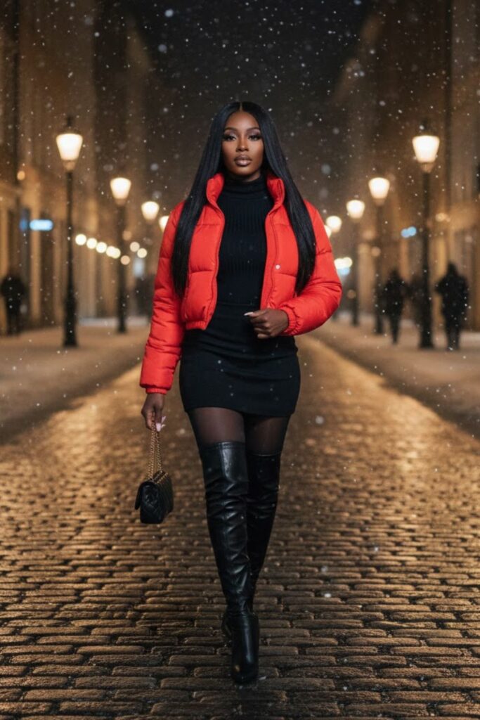 7) Short Puffer + Mini Skirt + Thigh Boots