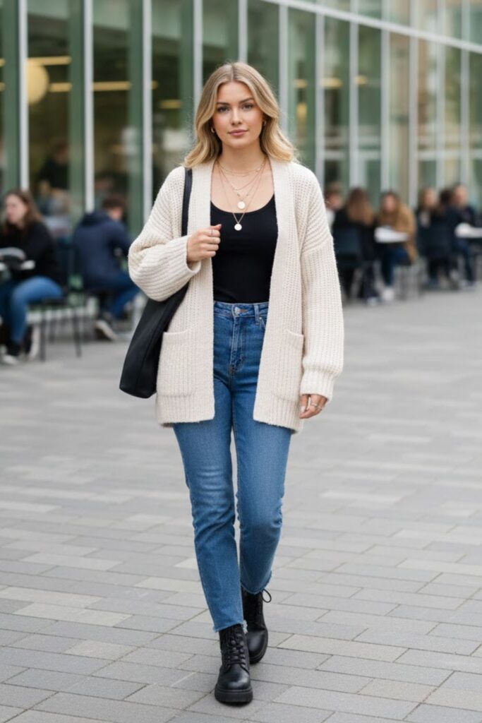 7. Cardigan With Tank Top and Straight Jeans