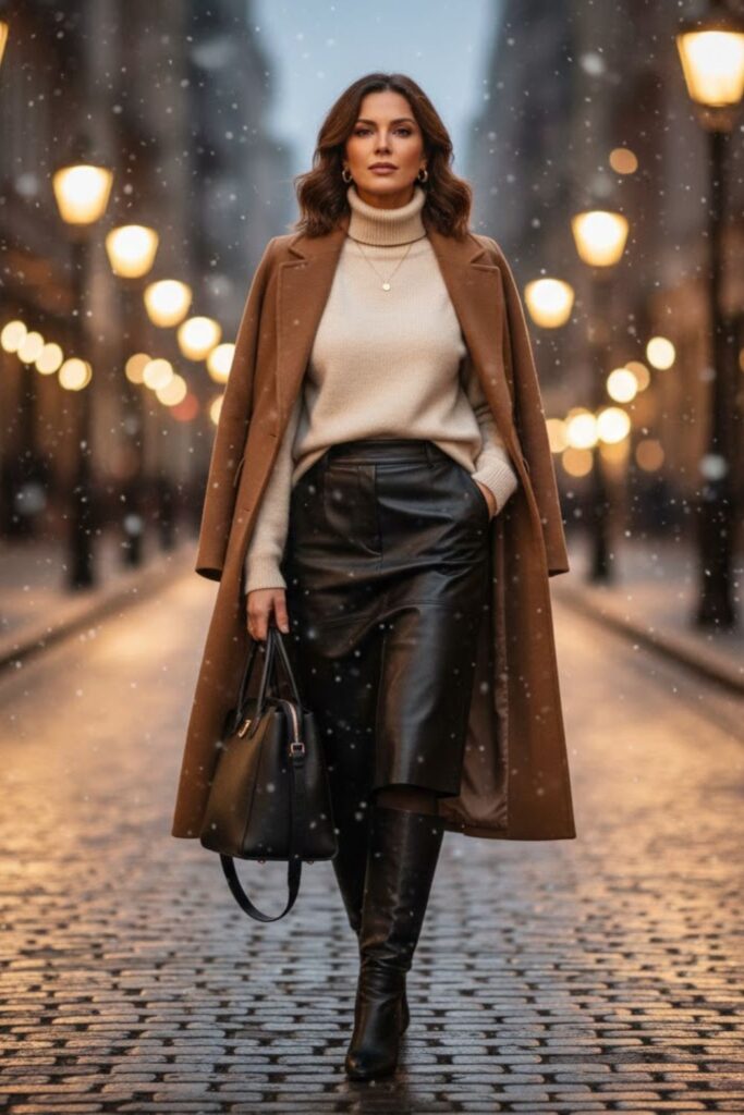 7. Leather Midi Skirt With Cashmere Sweater And Boots