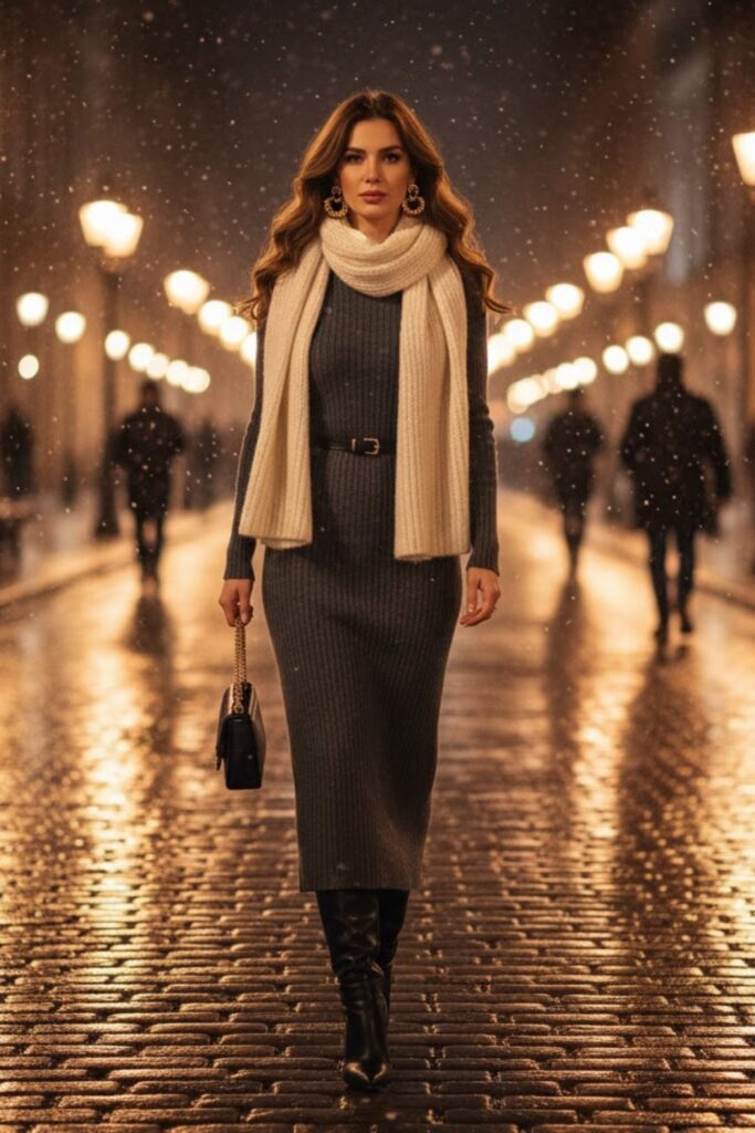 7. Long Knit Dress And Tall Boots