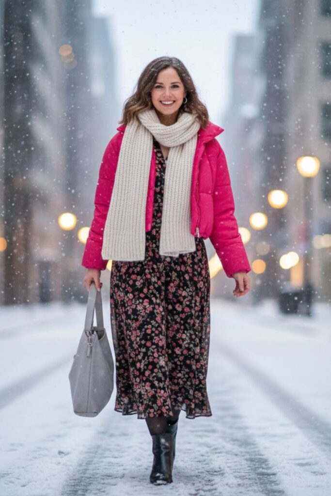 7. Pink Puffer Jacket With Long Dress And Scarf