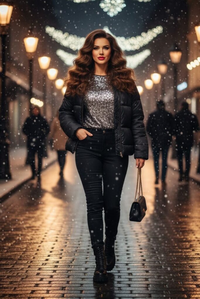 7. Sparkly Top With Black Jeans and Puffer