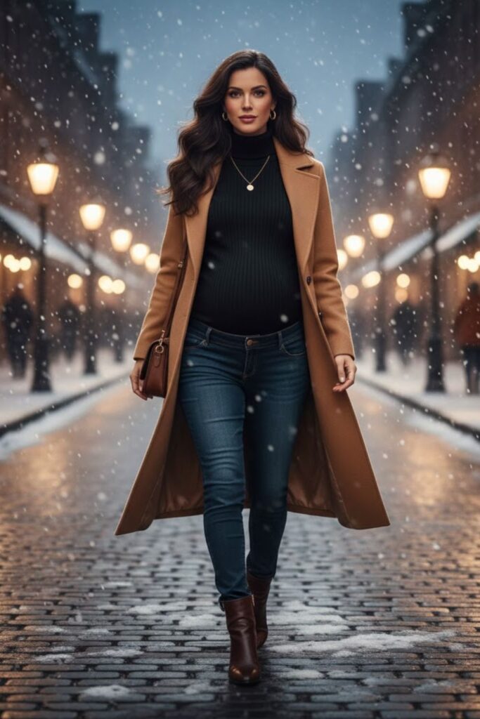 8) Maternity Jeans + Turtleneck + Coat
