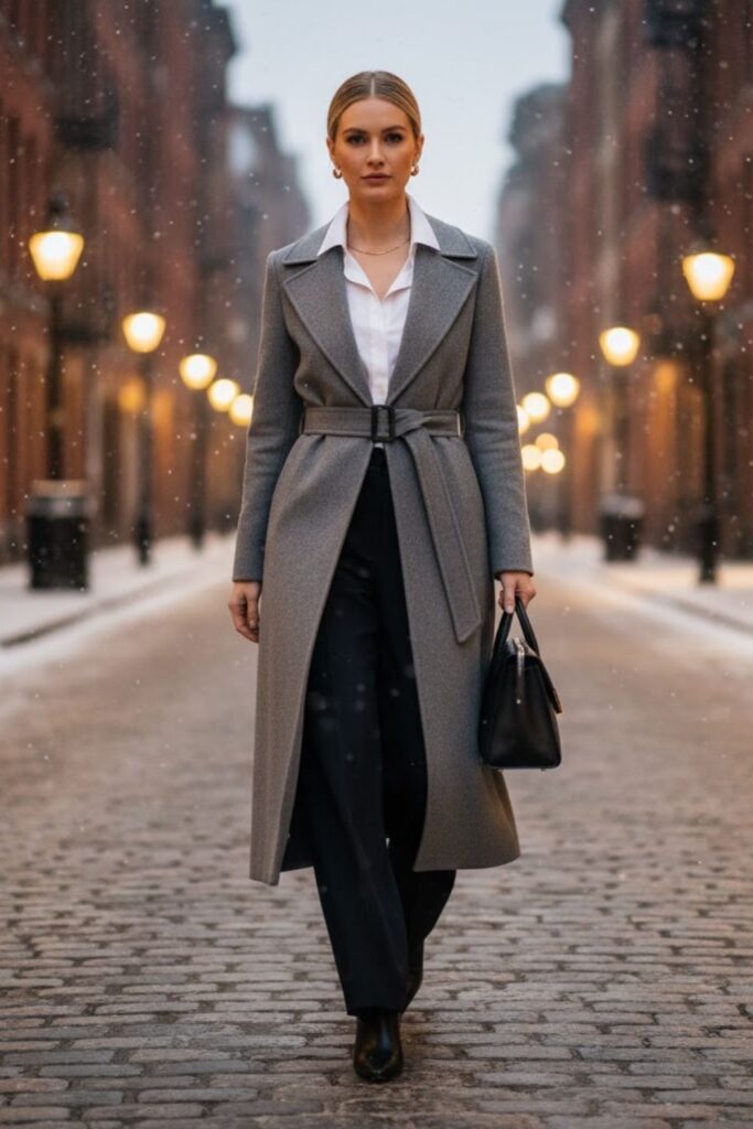 8. Belted Coat With Trousers And Button-Up Shirt