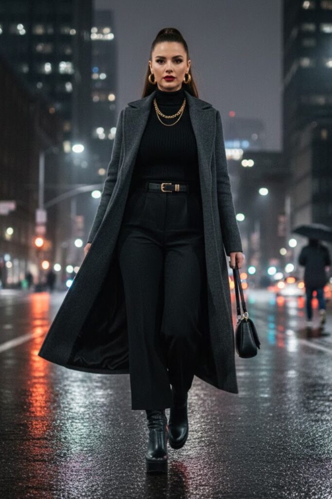 8. Black Turtleneck With Wide-Leg Pants