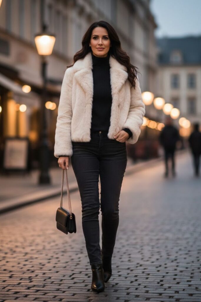 8. Faux Fur Jacket With Slim Jeans and Ankle Boots