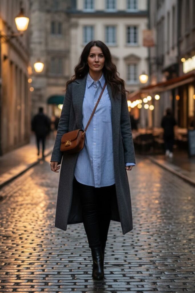 8. Leggings With an Oversized Button-Up and Coat