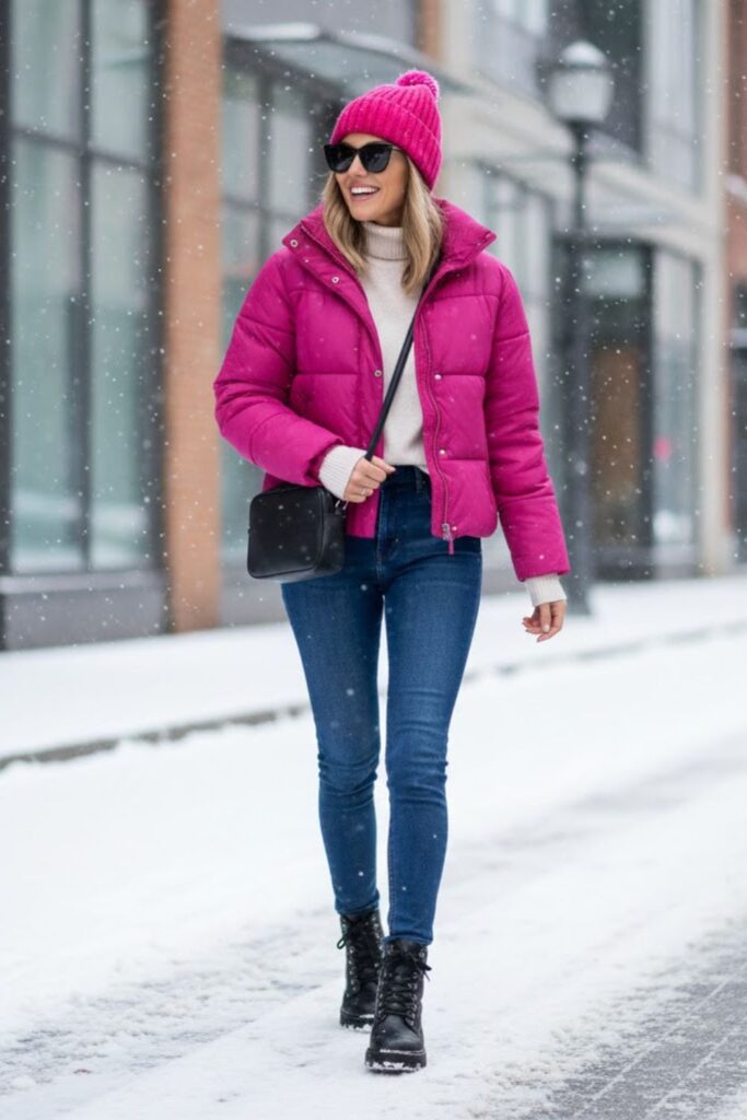 8. Pink Puffer Jacket With Matching Pink Beanie