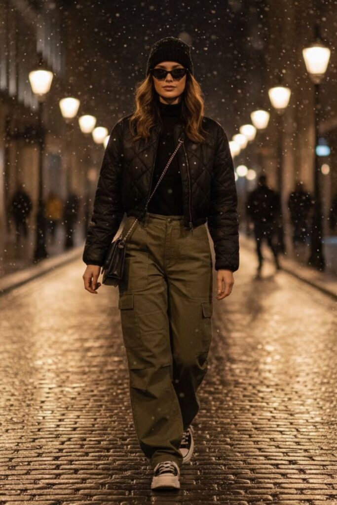 8. Quilted Jacket With Cargo Pants And Sneakers