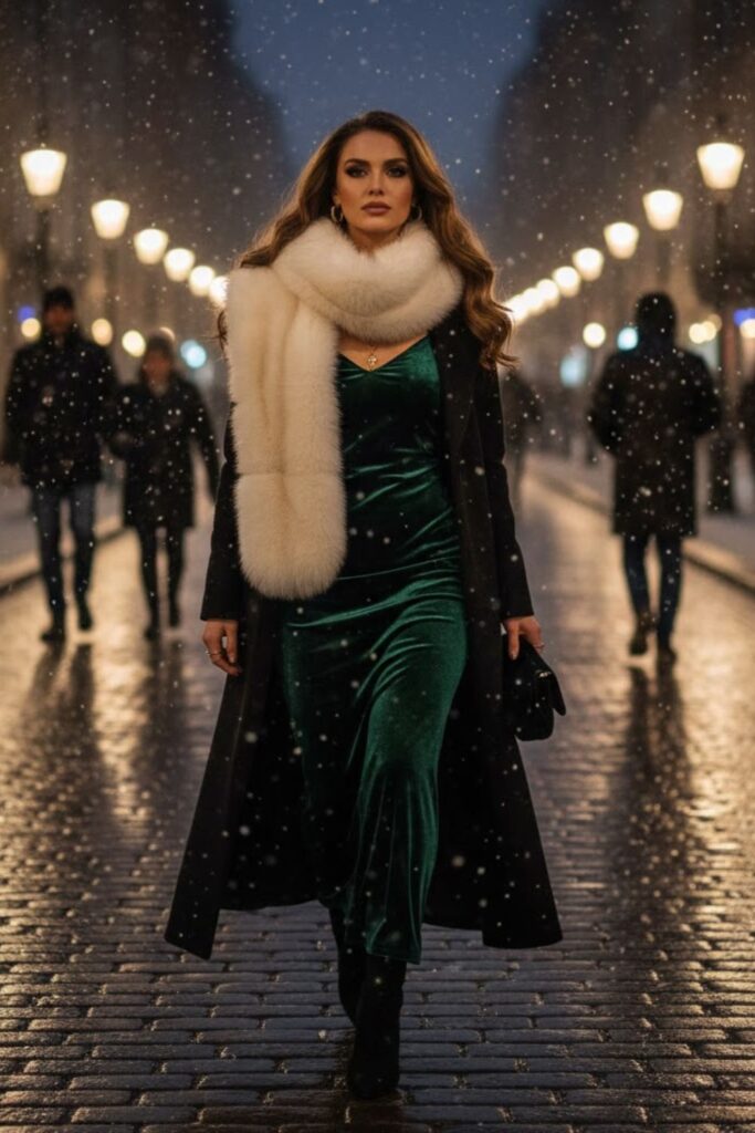 8. Velvet Slip Dress With Long Coat And Heels