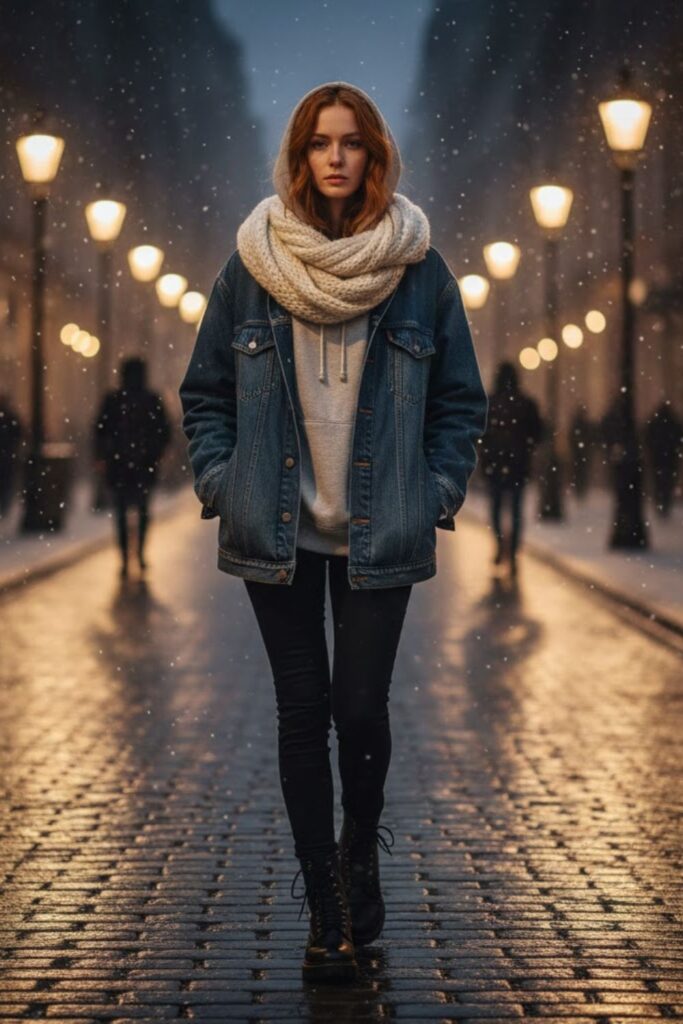 9. Denim Jacket Layered With Hoodie And Scarf
