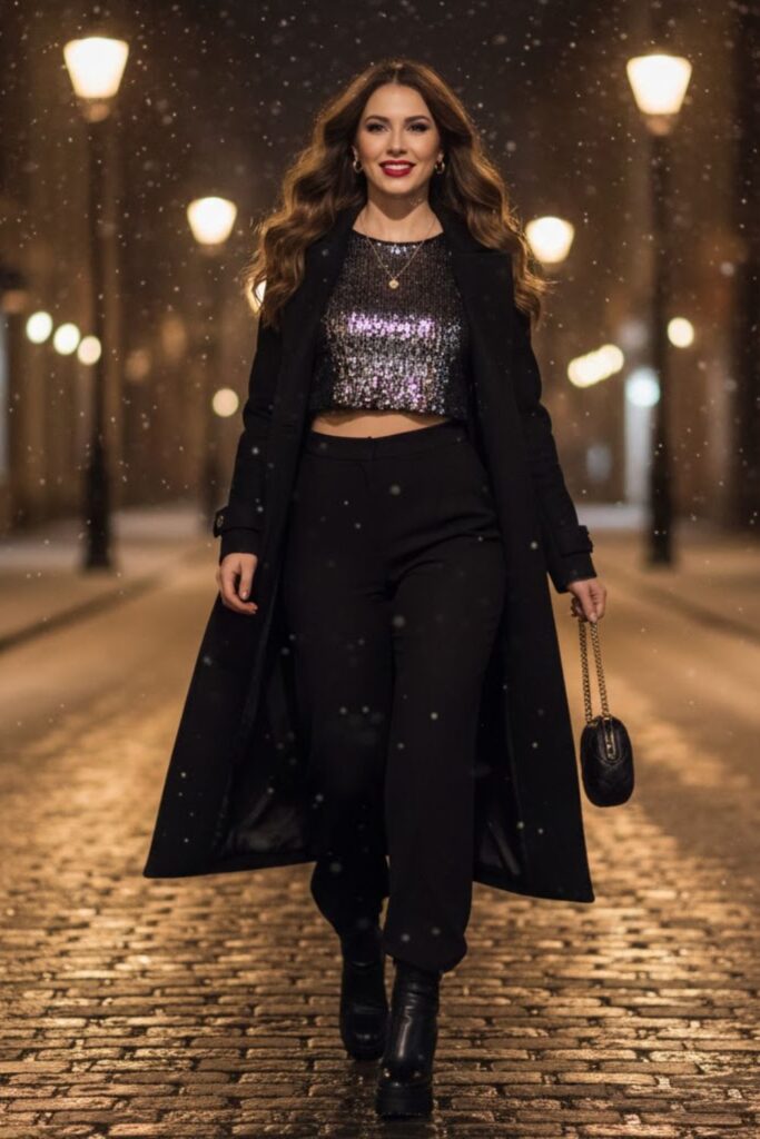 9. Sparkly Top With Wide Leg Pants And Boots