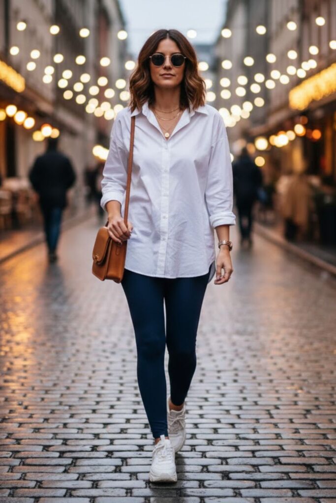 1. Navy Blue Leggings with White Oversized Shirt