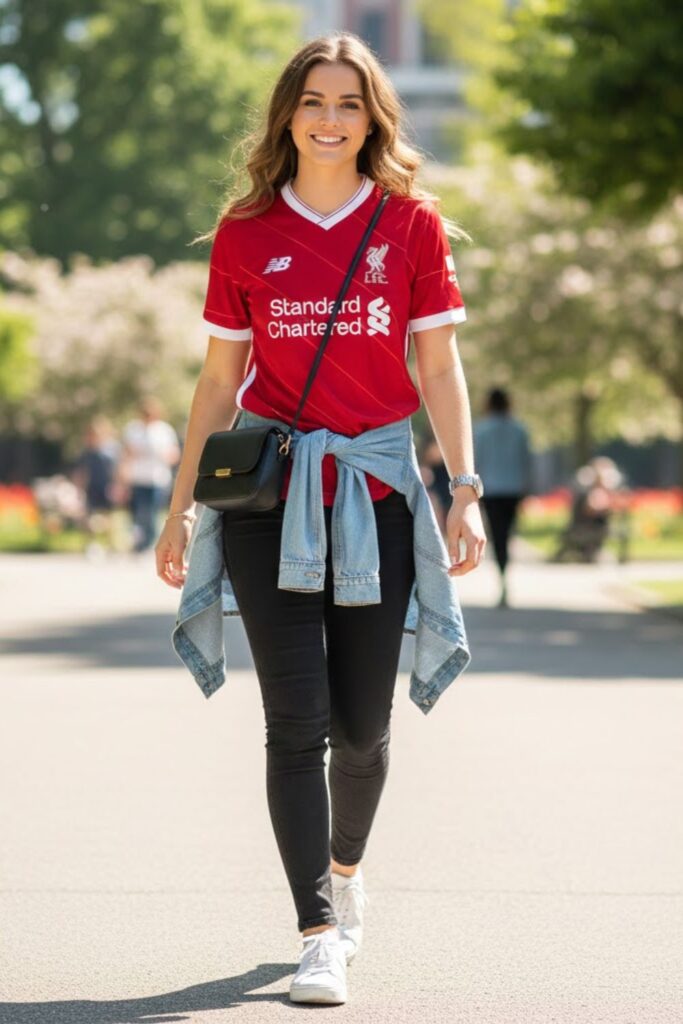 1. liverpool jersey outfit with slim-fit jeans and sneakers