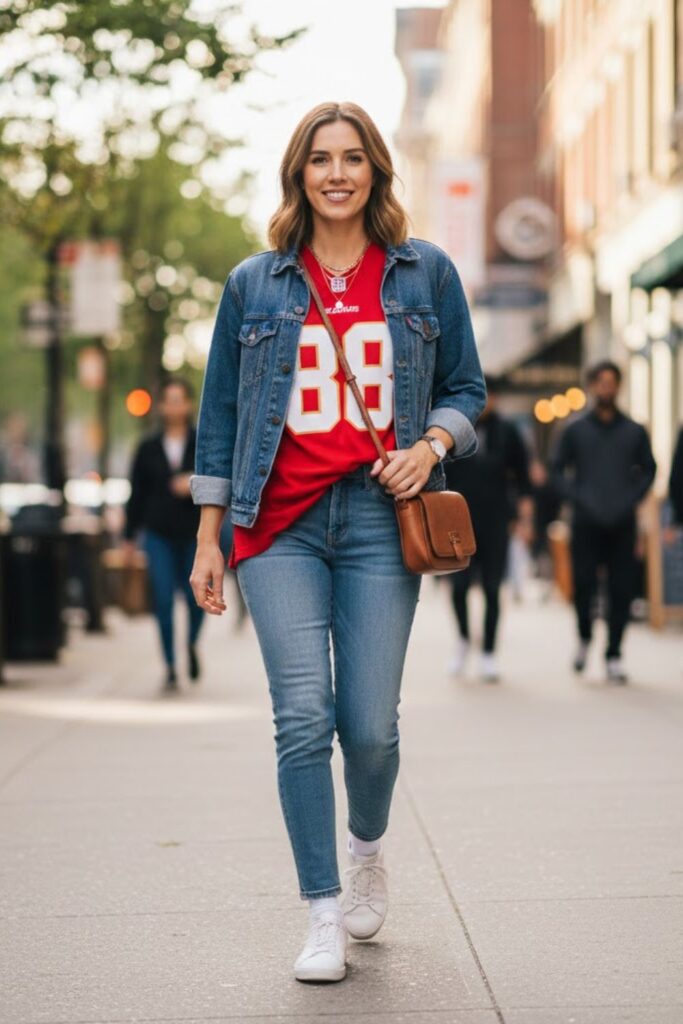 1. sports jersey outfit with slim-fit jeans and sneakers