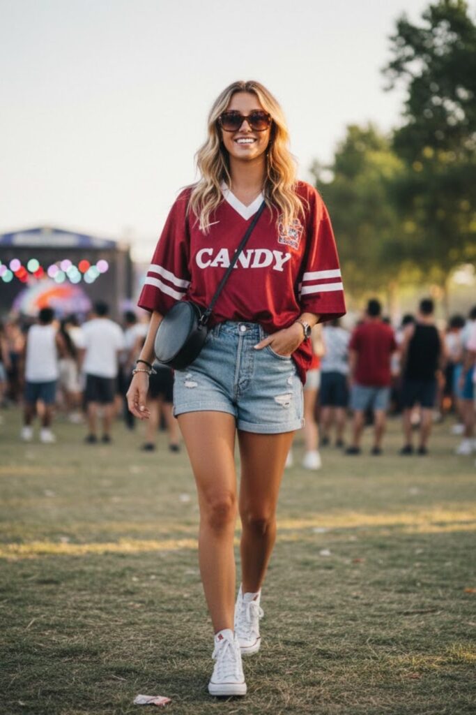1. vintage jersey outfit with high-waist denim shorts and sneakers