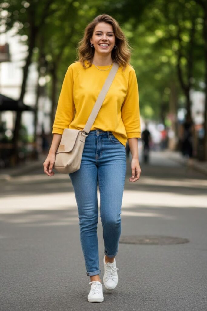 1. yellow jersey outfit with white sneakers and denim jeans
