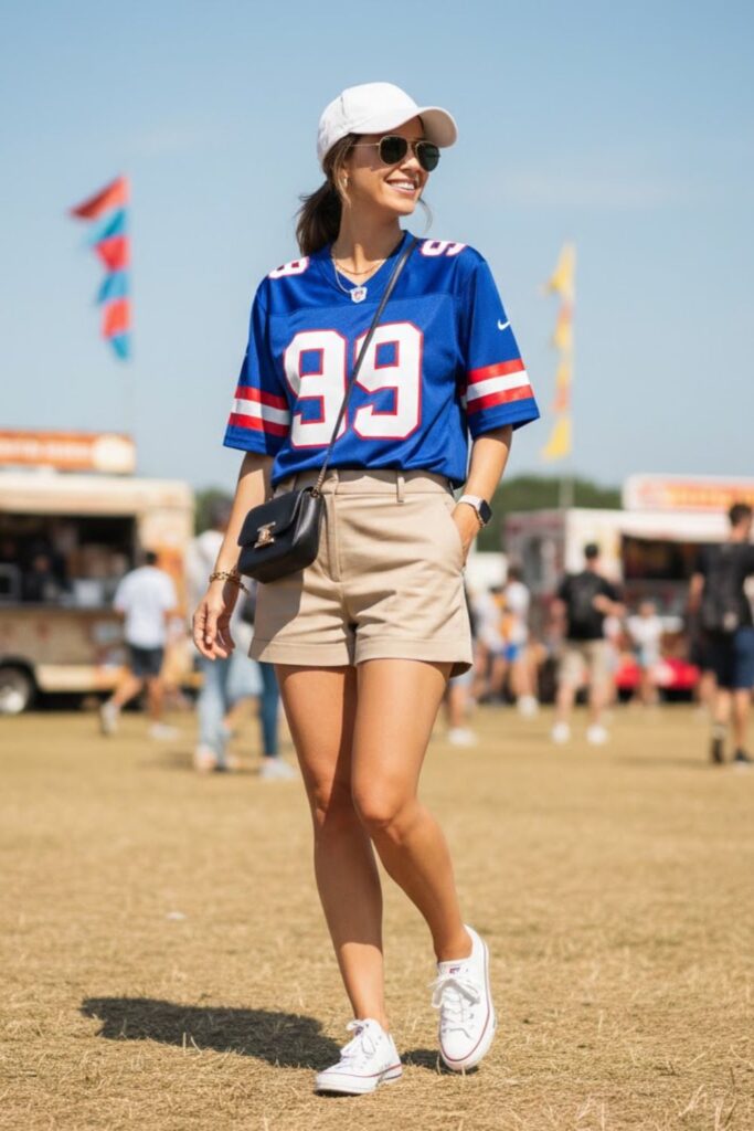 10. sports jersey outfit with tailored shorts and sneakers