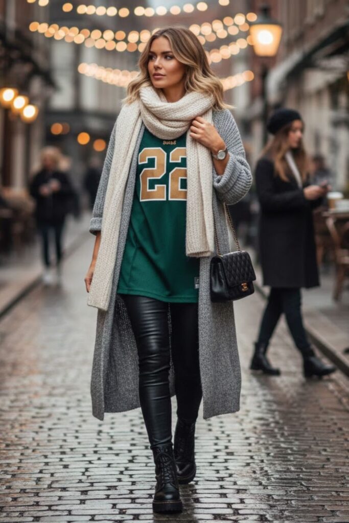 10. vintage jersey outfit with longline cardigan and leggings