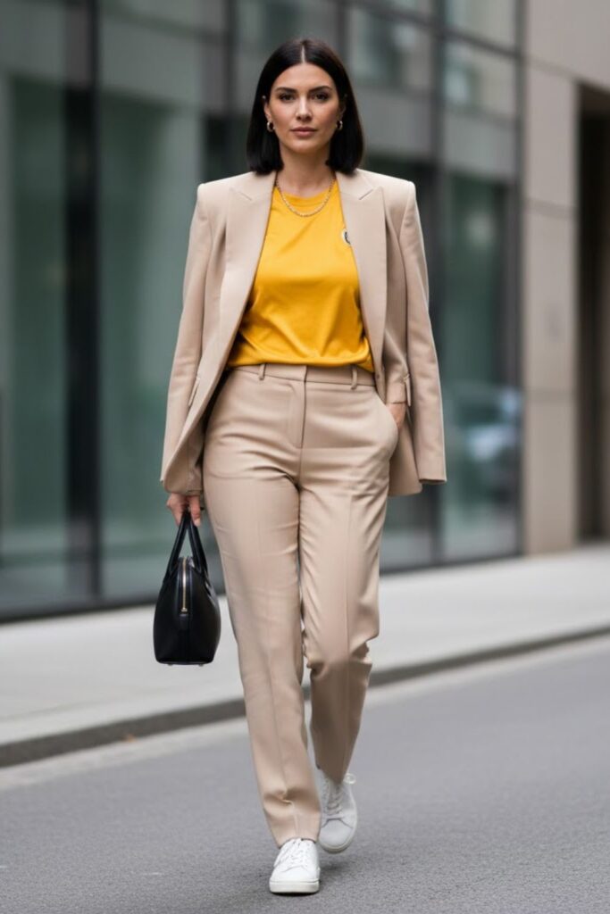 10. yellow jersey outfit with blazer and tailored pants