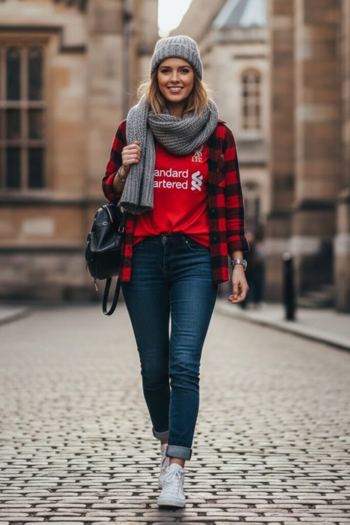 11. liverpool jersey outfit with flannel shirt and jeans