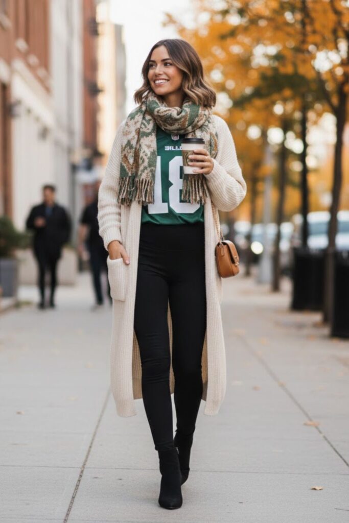 11. sports jersey outfit with longline cardigan and leggings