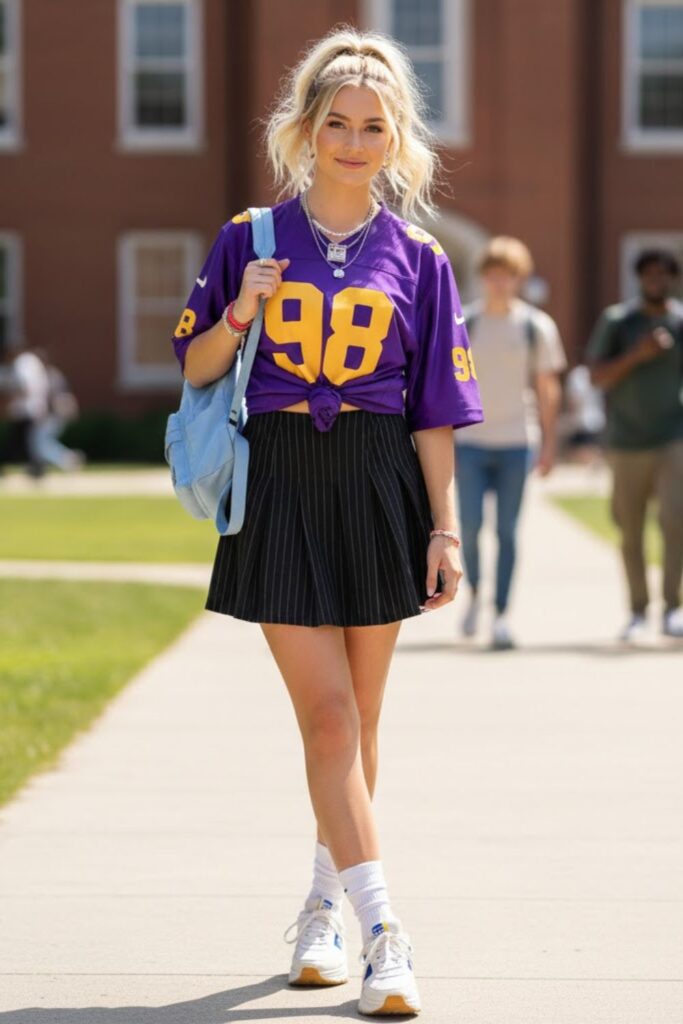 11. vintage jersey outfit with pleated mini skirt and sneakers