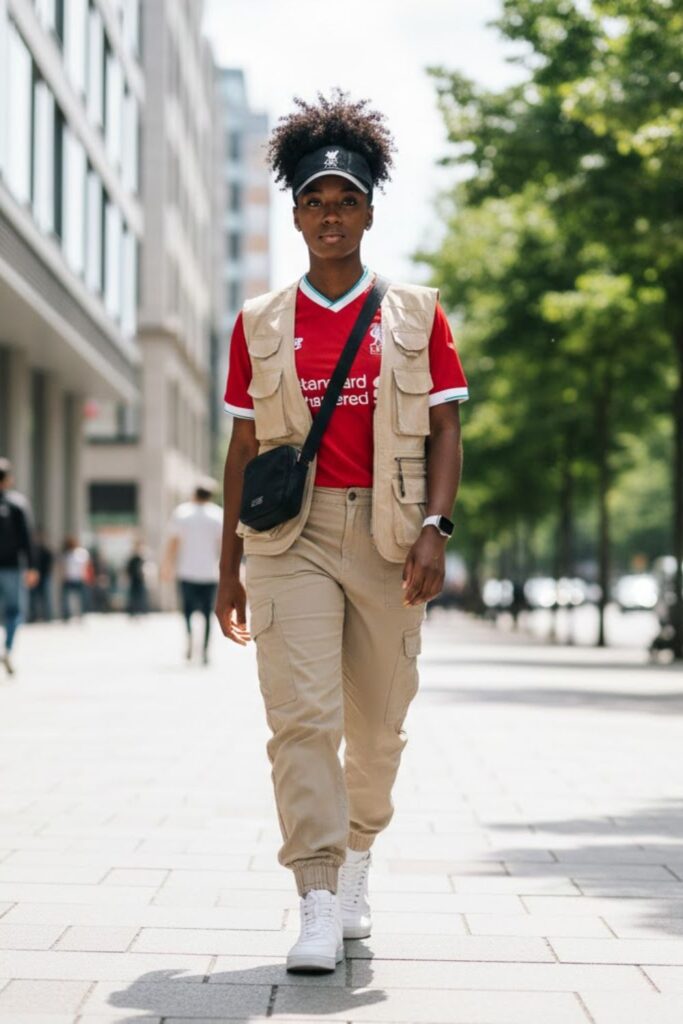 12. liverpool jersey outfit with vest and cargo pants