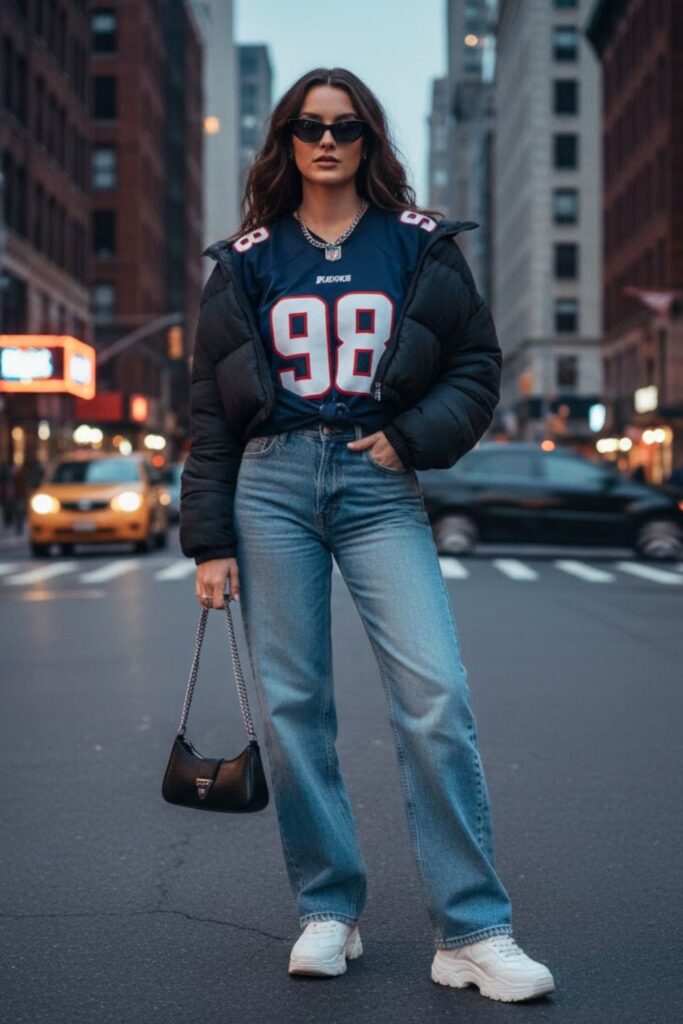 12. sports jersey outfit with cropped jacket and high-waist pants