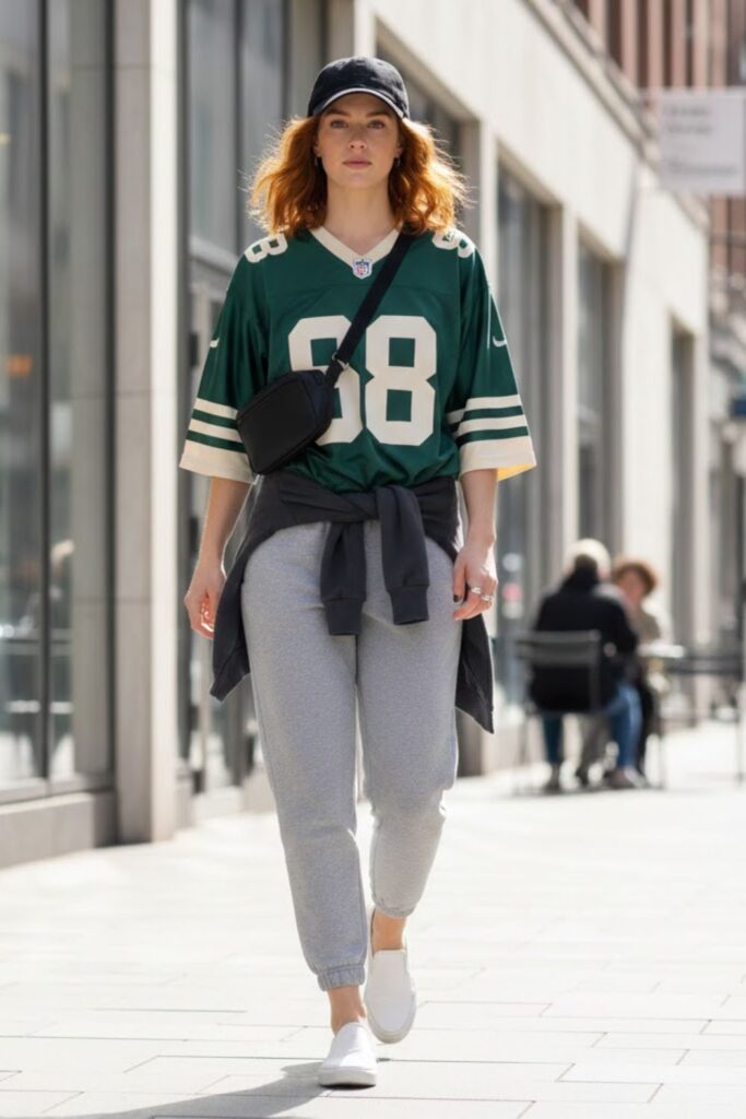 12. vintage jersey outfit with joggers and slip-ons
