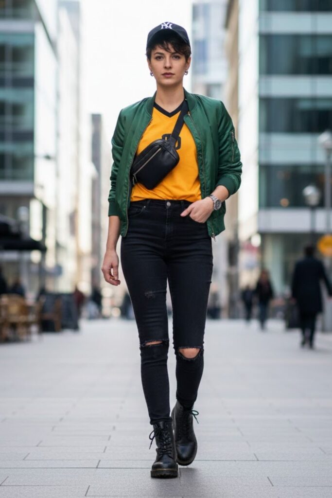 12. yellow jersey outfit with bomber jacket and black jeans