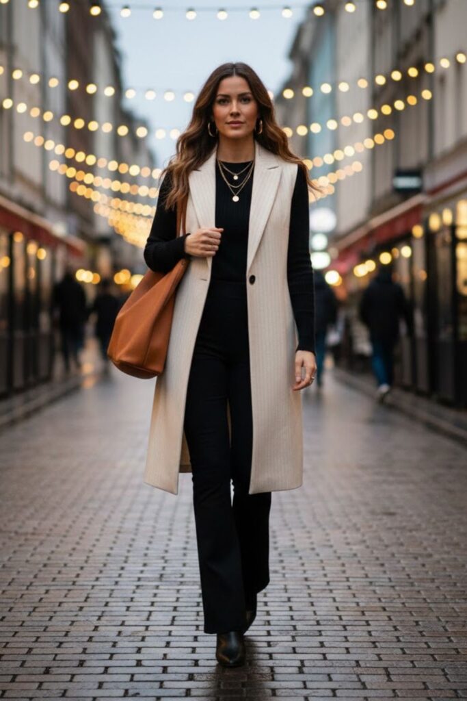 13. Black Flared Leggings with Tunic Vest Layer