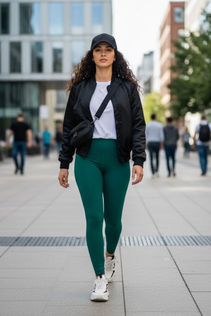 13. green leggings outfit with bomber jacket and sneakers