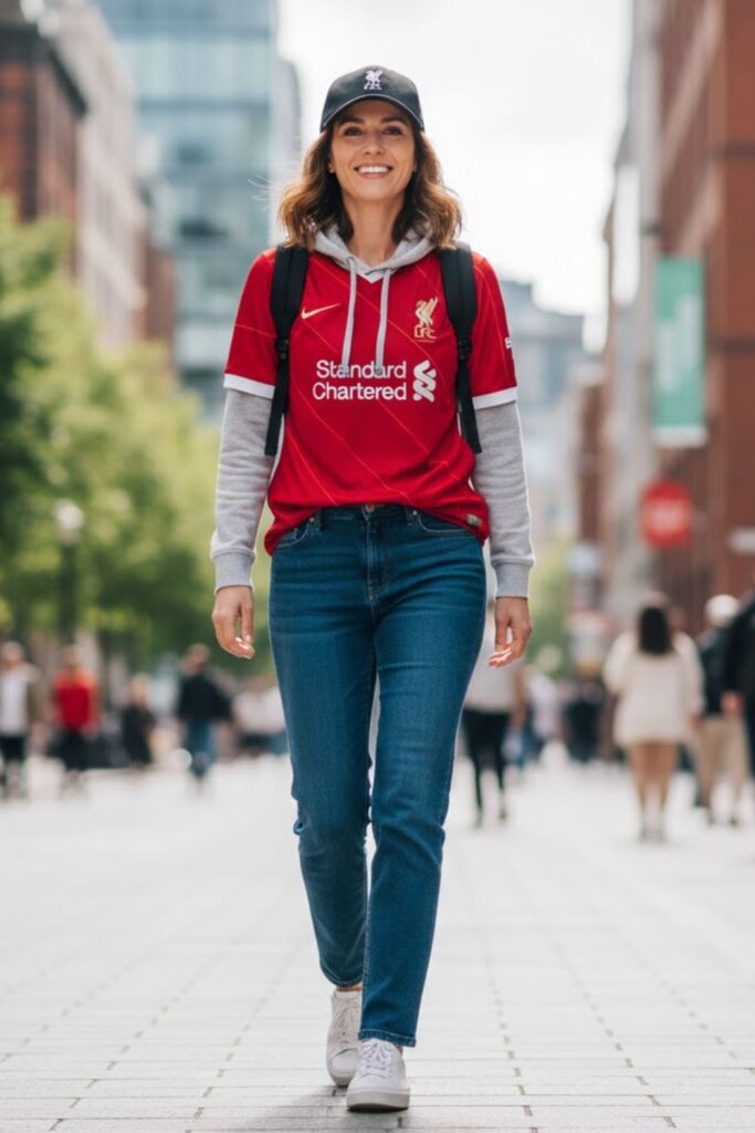 13. liverpool jersey outfit with hoodie layer and jeans