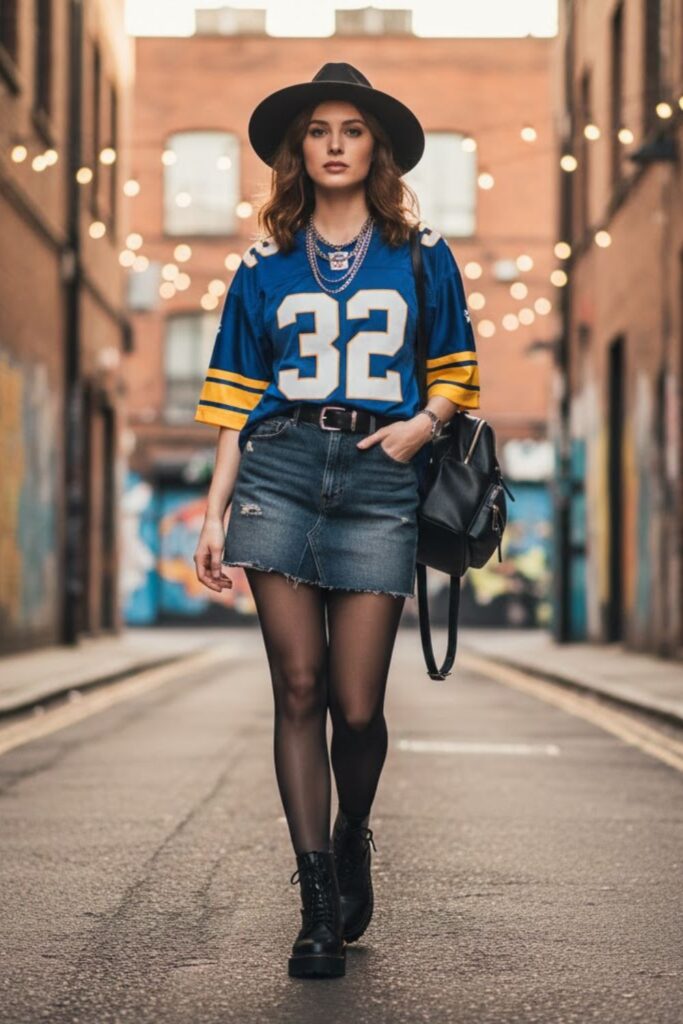 13. vintage jersey outfit with mini denim skirt and boots