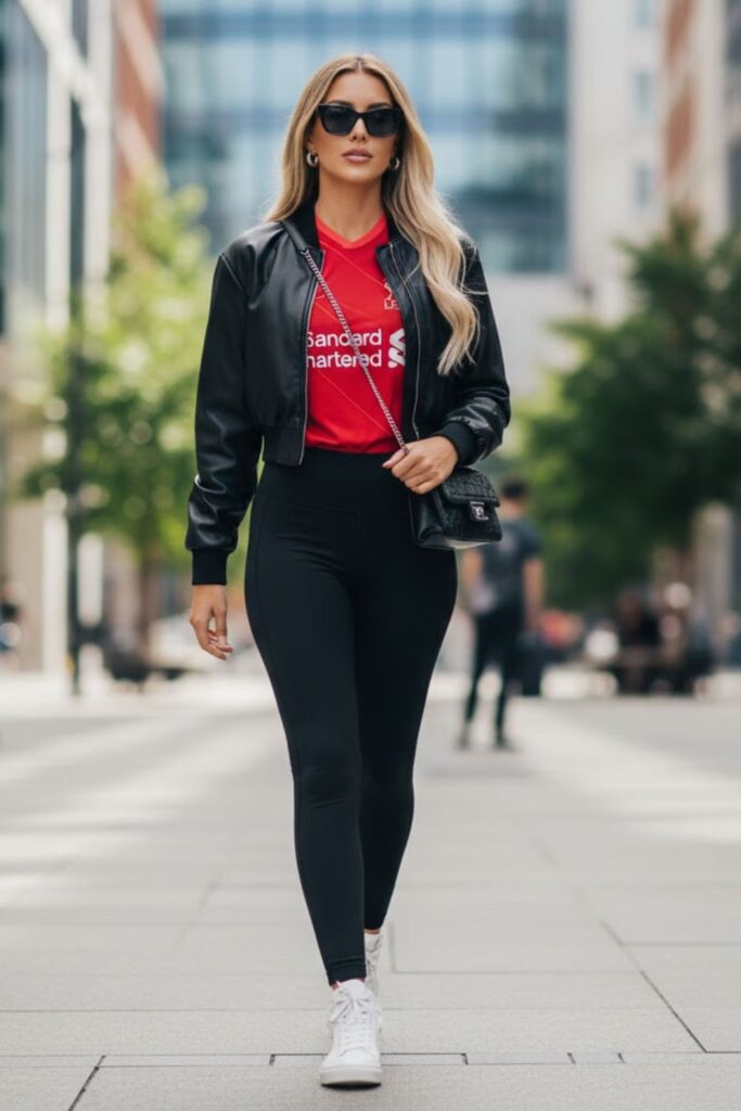 14. liverpool jersey outfit with cropped jacket and leggings