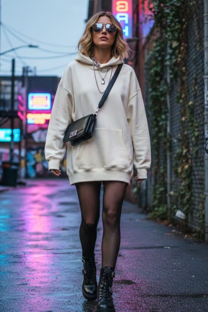 14. see thru leggings outfit with oversized hoodie and biker boots
