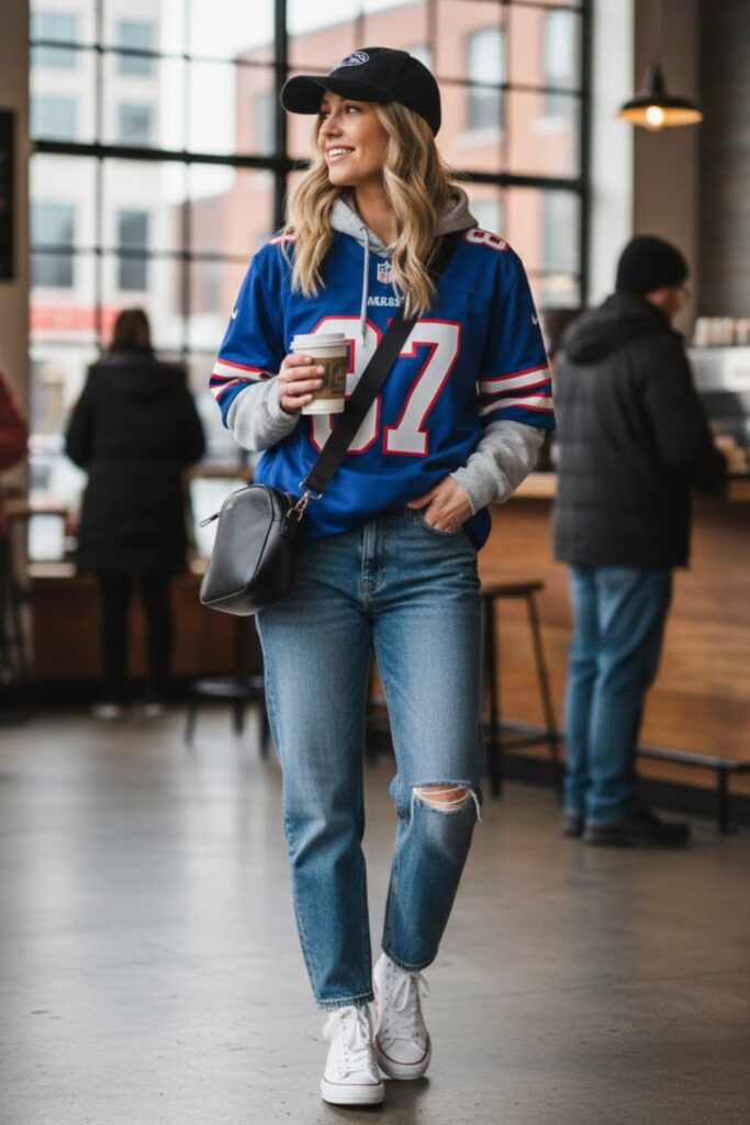 14. sports jersey outfit with hoodie layer and jeans